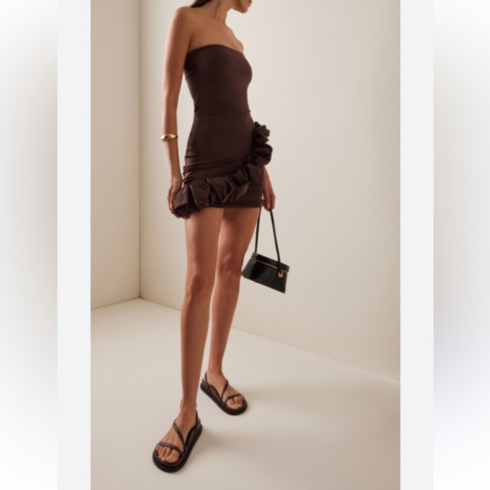 Maygel Colonel Chari Ruffled Jersey Strapless Mini Dress - NWOT - Brown - OS